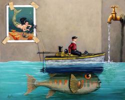 Anyfin Is Possible - Fisherman toy boat and Mermaid still life painting