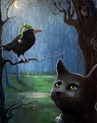 Night  Rendezvous - black cat & crow fantasy