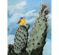 Cactus and Wilson's Warbler wildlife original nature painting