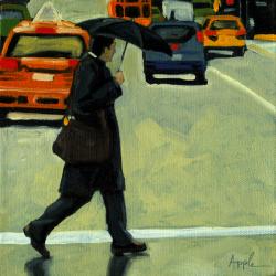 Figurative Cityscape oil painting - "Rainy Day Business"