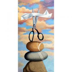 Rock, Paper, Scissors whimsical realistic still life painting