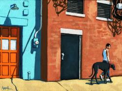 Walking Tall - woman on city street with big dog - figurative art